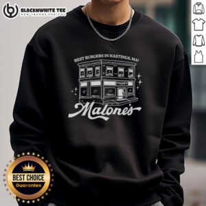 Original Best Burgers in Hastings sweatshirt featuring Malone's Building design, perfect for burger lovers.