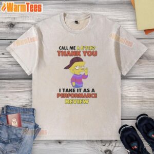 Lisa Simpson wearing a washed T-shirt with 'Thank You, I Take It As A Performance Review' design.