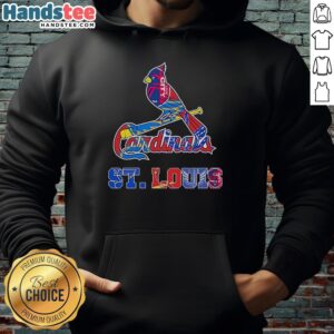 Alt Text: St. Louis Cardinals, Blues, City SC, and Battlehawks logo mashup hoodie showcasing vibrant sports team designs.