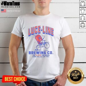 Alt Text: Original Luce-Line Brewing T-Shirt featuring 'The Number 1 Stop For Beers Along The Luce Line Trail' design