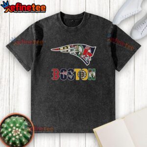 Collage of New England Patriots NFL logo and Boston sports teams on a washed t-shirt, perfect for fans and casual wear.