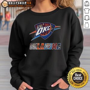 Alt Text: Collage of Oklahoma City Thunder NBA logos on a sweatshirt, showcasing Oklahoma sports teams and vibrant team spirit.