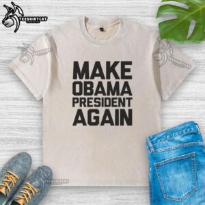 Original Make Obama President Again washed t-shirt featuring a bold graphic design in vibrant colors.