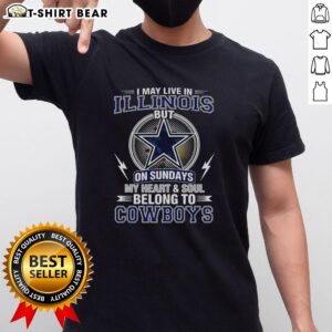 Top Dallas Cowboys NFL T-shirt featuring 'I May Live In Illinois, But My Heart Belongs To Cowboys' design.