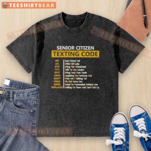 Awesome senior citizens texting while wearing a stylish washed t-shirt, showcasing fun and connectivity for older adults.
