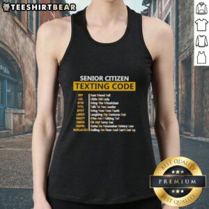 Awesome senior citizens wearing texting code tank tops, showcasing fun style and tech-savvy spirit.