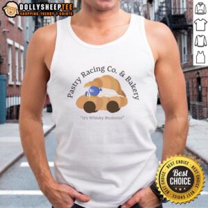 Official Pastry Racing Co. croissant car tank top featuring 'It's Whisky Business' pun for foodie racing fans.