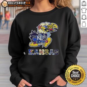 Kansas sports teams sweatshirt featuring school logos, showcasing pride in Hot Kansas sports culture.