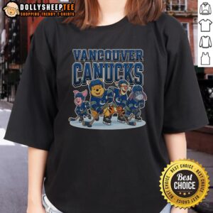 Alt Text: Nice Vancouver Canucks Winnie the Pooh ice hockey ladies tee featuring a fun design for fans and casual wear.