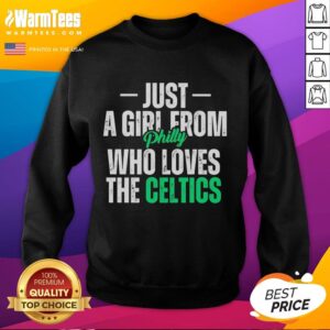 Alt Text: Girl from Philly wearing a Boston Celtics sweatshirt, showcasing her love for the team in a stylish casual look.