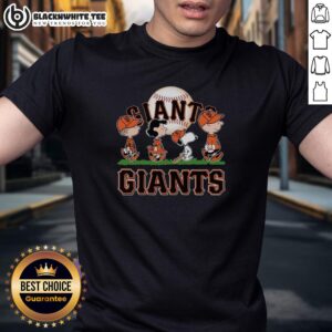 Alt Text: Cute Snoopy, Charlie Brown, Linus, and Lucy in San Francisco Giants baseball jerseys, showcasing fun cartoon style.