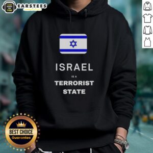 Alt Text: Hot Israel is a Terrorist State hoodie featuring bold text and a graphic design, perfect for activism and awareness.