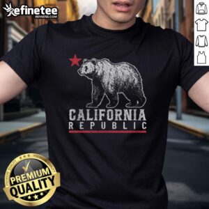 Vintage California Republic T-shirt featuring a bear and star design, perfect for Cali bear lovers and retro fashion enthusiasts.