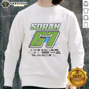 Premium Sorah 67 race car driver sweatshirt for motorsports fans and auto racing enthusiasts at the speedway.