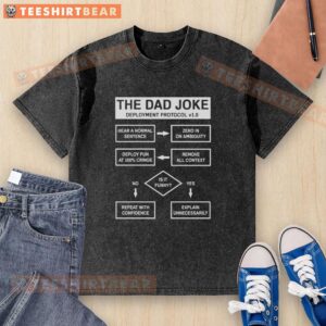 Funny Top Dad Jokes Deployment Protocol washed t-shirt featuring lighthearted humor for dads and family gatherings.