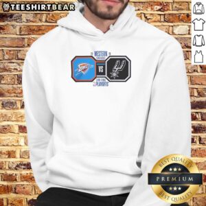 Oklahoma City Thunder vs San Antonio Spurs 2026 Western Conference Final NBA Playoffs hoodie featuring team logos and colors.