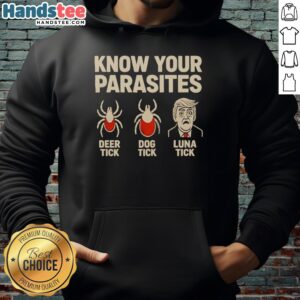Official Know Your Parasites hoodie featuring deer tick, dog tick, and luna tick designs for tick awareness and education.