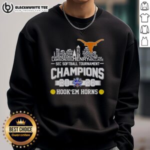2026 SEC Softball Tournament Champions sweatshirt featuring Texas Longhorns player name and city skyline design.