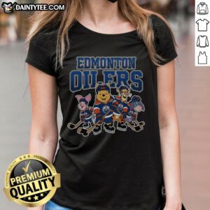 Alt Text: Pretty Edmonton Oilers Winnie the Pooh ice hockey ladies tee featuring a cute design for fans.