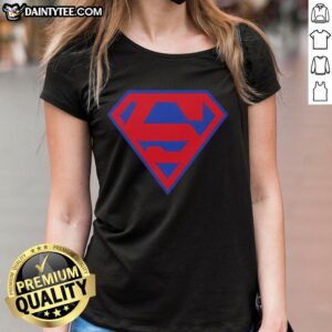 Pretty M Jackson Superman superhero DC Universe logo ladies tee featuring vibrant colors and stylish design for fans.
