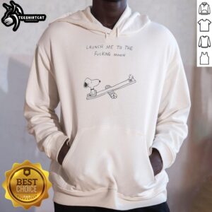 Premium Snoopy playing on a seesaw with Woodstock, featured on a 'Launch Me To The Moon' hoodie.