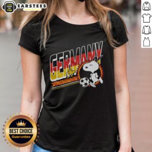 Cute Peanuts Snoopy X Germany Soccer Ladies Tee featuring Snoopy in a soccer jersey, perfect for fans and casual wear.