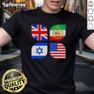 Premium Union Jack, Iran, Israel, and USA flag t-shirt showcasing a unique design for patriotic fashion enthusiasts.
