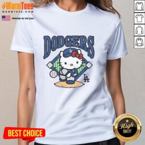 Cute Hello Kitty x Los Angeles Dodgers pitch ladies tee, featuring vibrant graphics and a stylish design for fans.