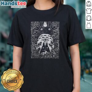 Official My Neighbor Totoro tee featuring small and big Totoro in a forest, designed in Inocut style for ladies.
