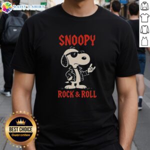 Alt Text: Premium Snoopy Rock And Roll Cartoon T-Shirt featuring Snoopy playing guitar in a vibrant, colorful design.