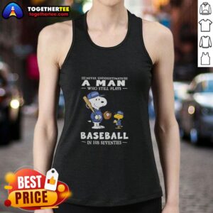 Man in his seventies wearing a Nice The Peanuts x Toronto Blue Jays tank top, showcasing baseball spirit and style.