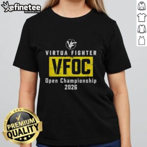 Alt Text: Top VFoc Virtua Fighter Open Championship 2026 Ladies Tee featuring dynamic graphics and vibrant colors.