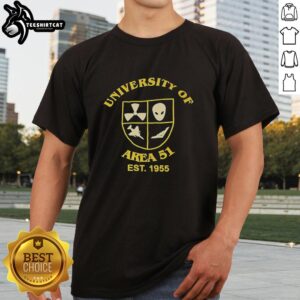Premium University Of Area 51 Est 1955 T-Shirt in black featuring an alien graphic and bold text design.