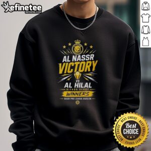 Alt Text: Hot Al Nassr Victory 2026 sweatshirt celebrating Riyadh Derby win in the Saudi Pro League, showcasing team pride.