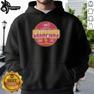 Alt Text: Original USC Trojans 2026 Big Ten Women's Golf Tournament Champions hoodie displayed in a locker room setting.