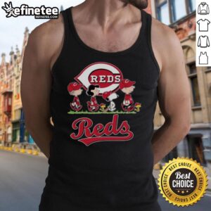 Snoopy, Charlie Brown, Linus, and Lucy in Cincinnati Reds baseball jersey tank tops, celebrating team spirit.