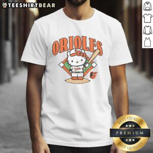 Alt Text: Cute Baltimore Orioles Hello Kitty T-Shirt featuring a playful design with Hello Kitty and Orioles logo, perfect for fans.