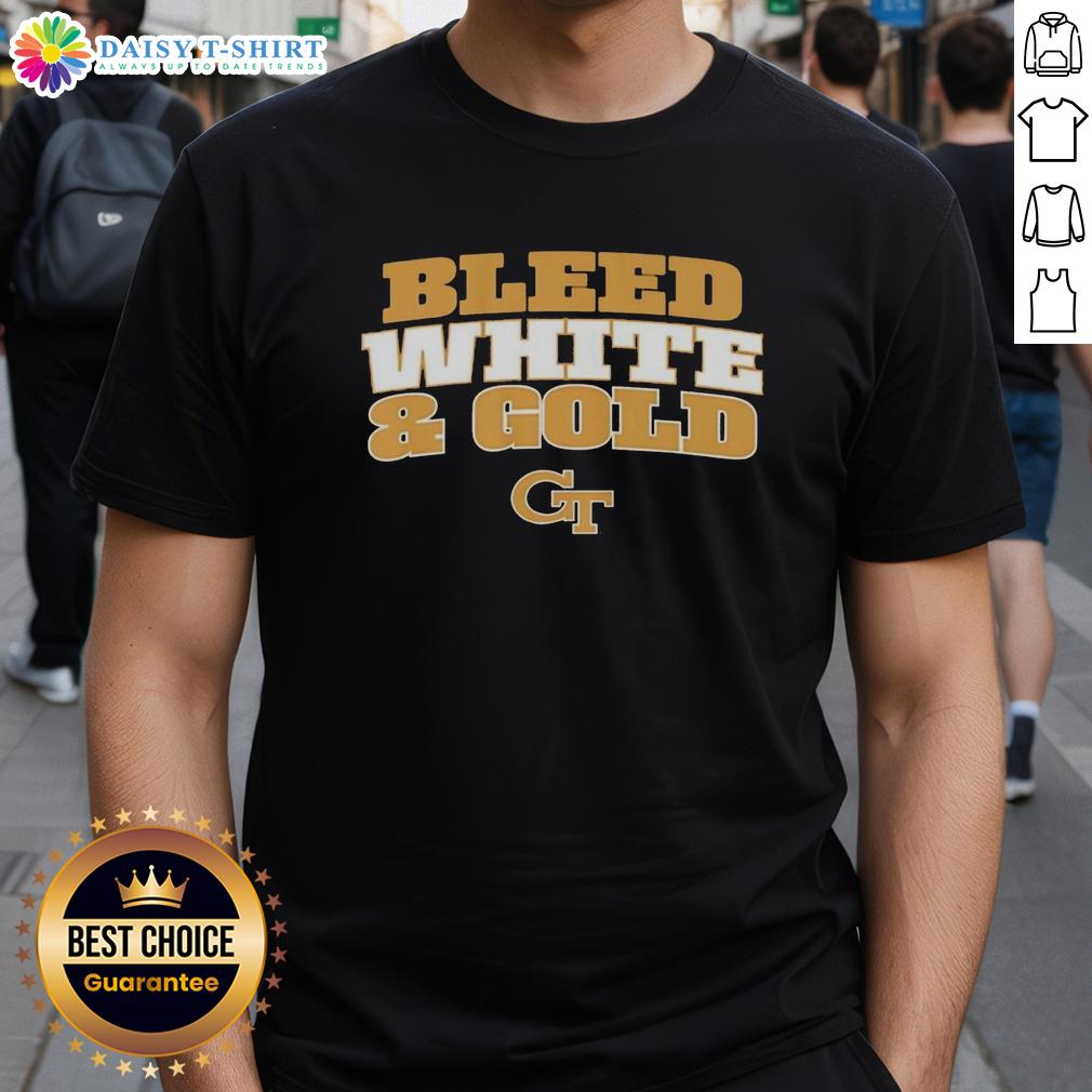 Awesome Georgia Tech Yellow Jackets Ncaa Bleed White And Gold T Shirt Alt Text: Georgia Tech Yellow Jackets NCAA Bleed White and Gold T-Shirt featuring vibrant team colors and logo design.