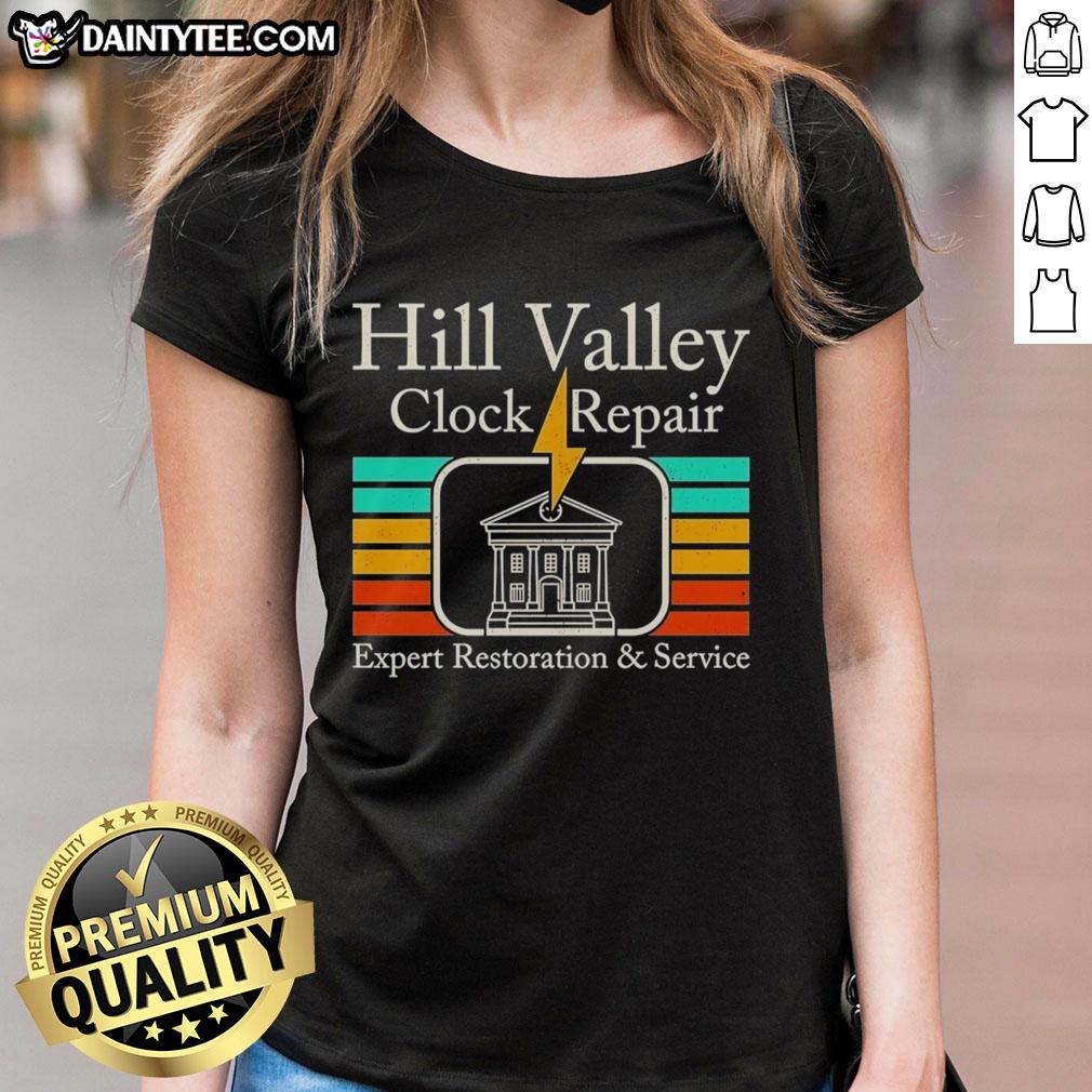 awesome-hill-valley-clock-tower-back-to-the-future-hill-valley-clock-repair-ladies-tee Awesome Hill Valley Clock Tower from Back to the Future on a ladies tee, featuring iconic time travel elements.