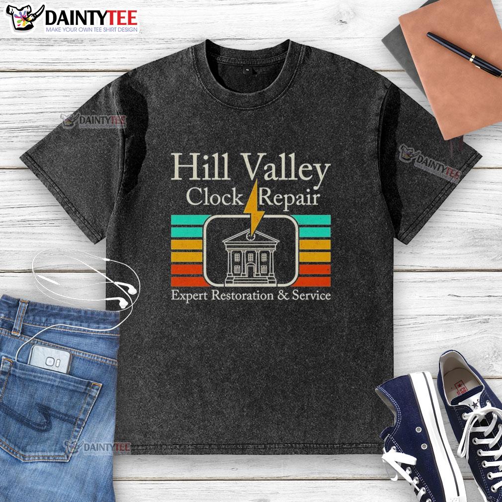 awesome-hill-valley-clock-tower-back-to-the-future-hill-valley-clock-repair-washed-t-shirt Awesome Hill Valley Clock Tower graphic on a washed t-shirt, inspired by Back to the Future movie series.