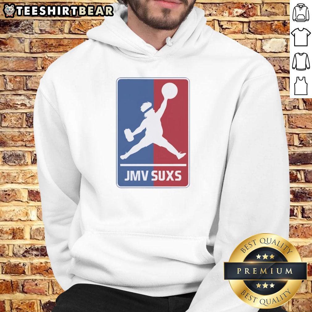 awesome-jmv-jmv-suxs-mlb-jumpman-parody-overweight-baseball-pitcher-hoodie Overweight baseball pitcher wearing an 'Awesome Jmv Jmv Suxs MLB Jumpman Parody' hoodie, showcasing a humorous sports vibe.