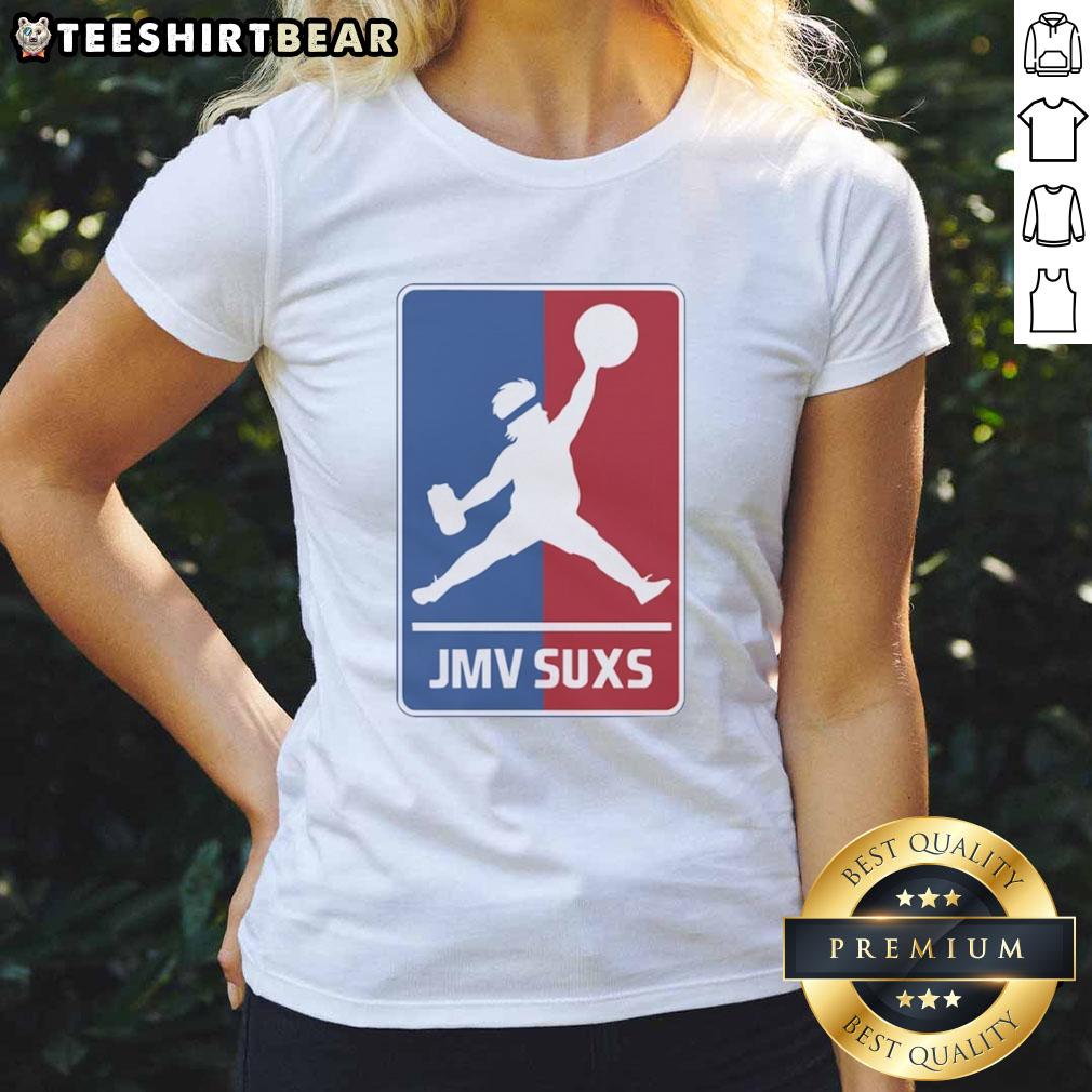 awesome-jmv-jmv-suxs-mlb-jumpman-parody-overweight-baseball-pitcher-ladies-tee Overweight baseball pitcher in a parody design on a ladies tee featuring 'Awesome Jmv Jmv Suxs MLB Jumpman.'