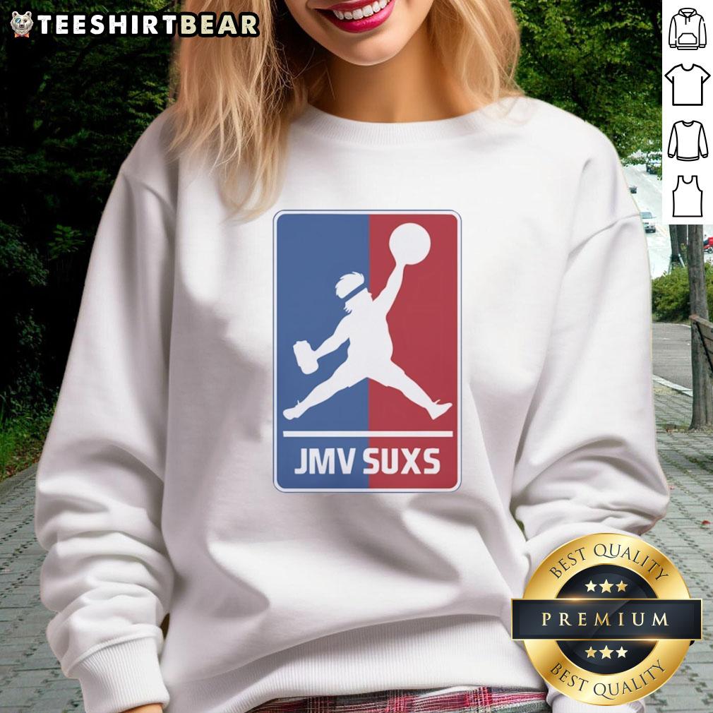 awesome-jmv-jmv-suxs-mlb-jumpman-parody-overweight-baseball-pitcher-sweatshirt Overweight baseball pitcher wearing an Awesome JMV Suxs MLB Jumpman parody sweatshirt, showcasing a fun sports style.