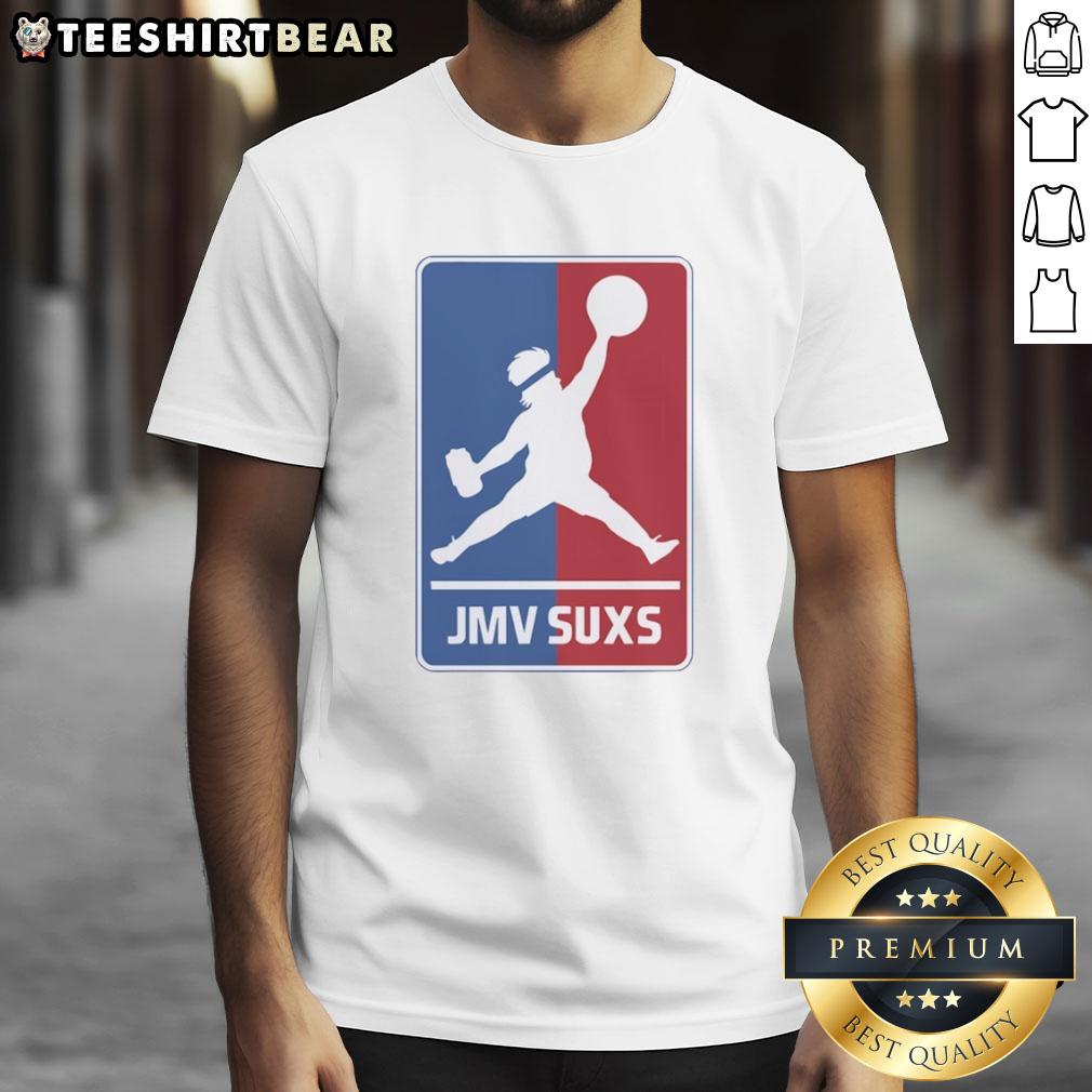 awesome-jmv-jmv-suxs-mlb-jumpman-parody-overweight-baseball-pitcher-t-shirt Overweight baseball pitcher wearing 'Awesome Jmv Jmv Suxs MLB Jumpman Parody' T-shirt, showcasing a humorous design.