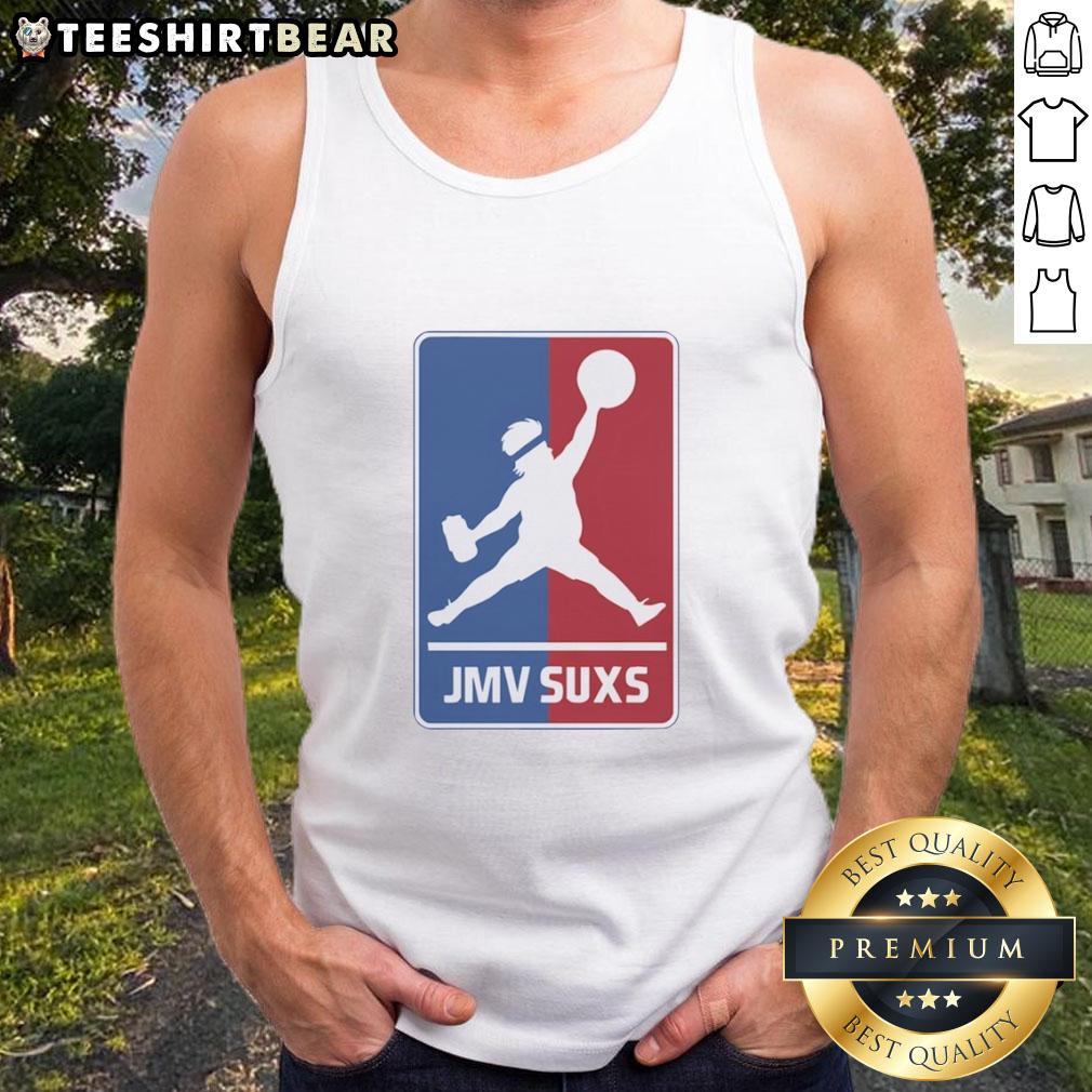 awesome-jmv-jmv-suxs-mlb-jumpman-parody-overweight-baseball-pitcher-tank-top Overweight baseball pitcher wearing an Awesome JMV Suxs MLB Jumpman parody tank top, showcasing a fun sports vibe.