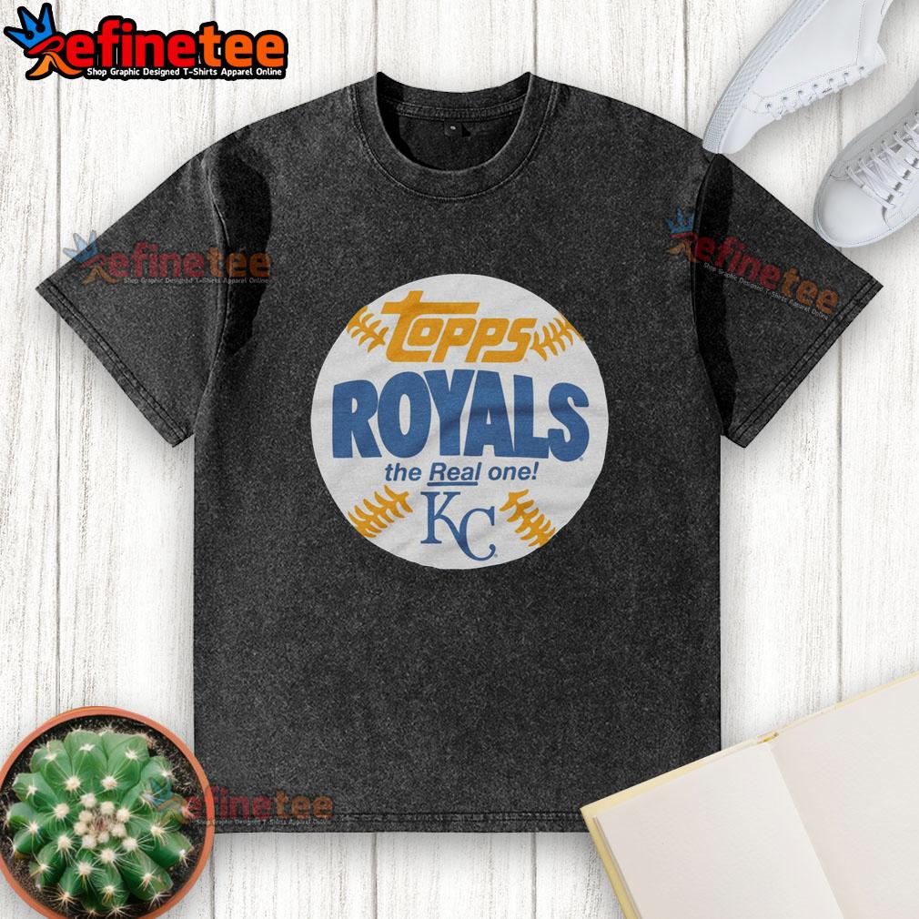 awesome-kansas-city-royals-mlb-x-topps-baseball-the-real-one-washed-t-shirt Awesome Kansas City Royals MLB X Topps Baseball The Real One washed t-shirt in blue, featuring the team logo and vintage style.