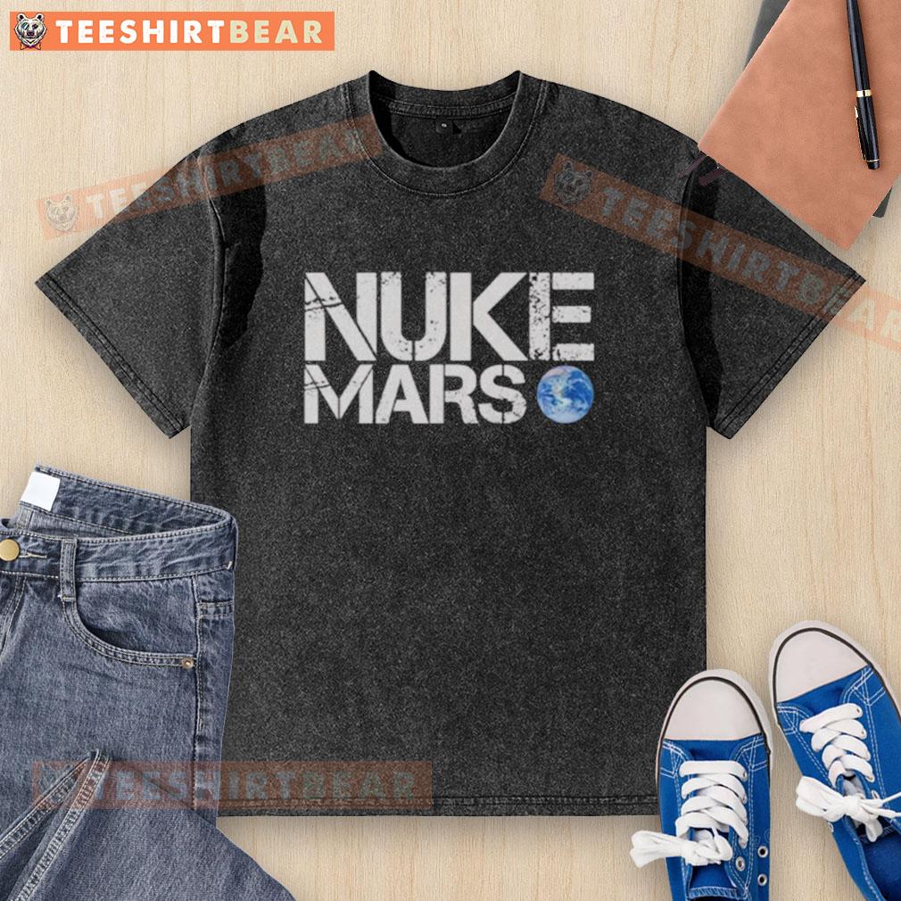 awesome-nuke-mars-elon-musk-washed-t-shirt Elon Musk wearing a washed t-shirt with a cool 'Awesome Nuke Mars' design, showcasing space exploration and innovation.