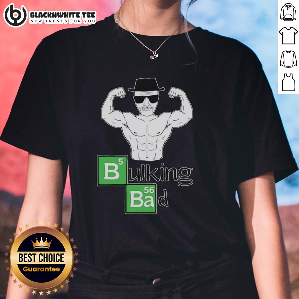 Awesome Old Man Muscular Posing Bicep Bulking Bad Ladies Tee Muscular old man flexing biceps in a 'Bulking Bad' tee, showcasing strength and confidence in a playful pose.
