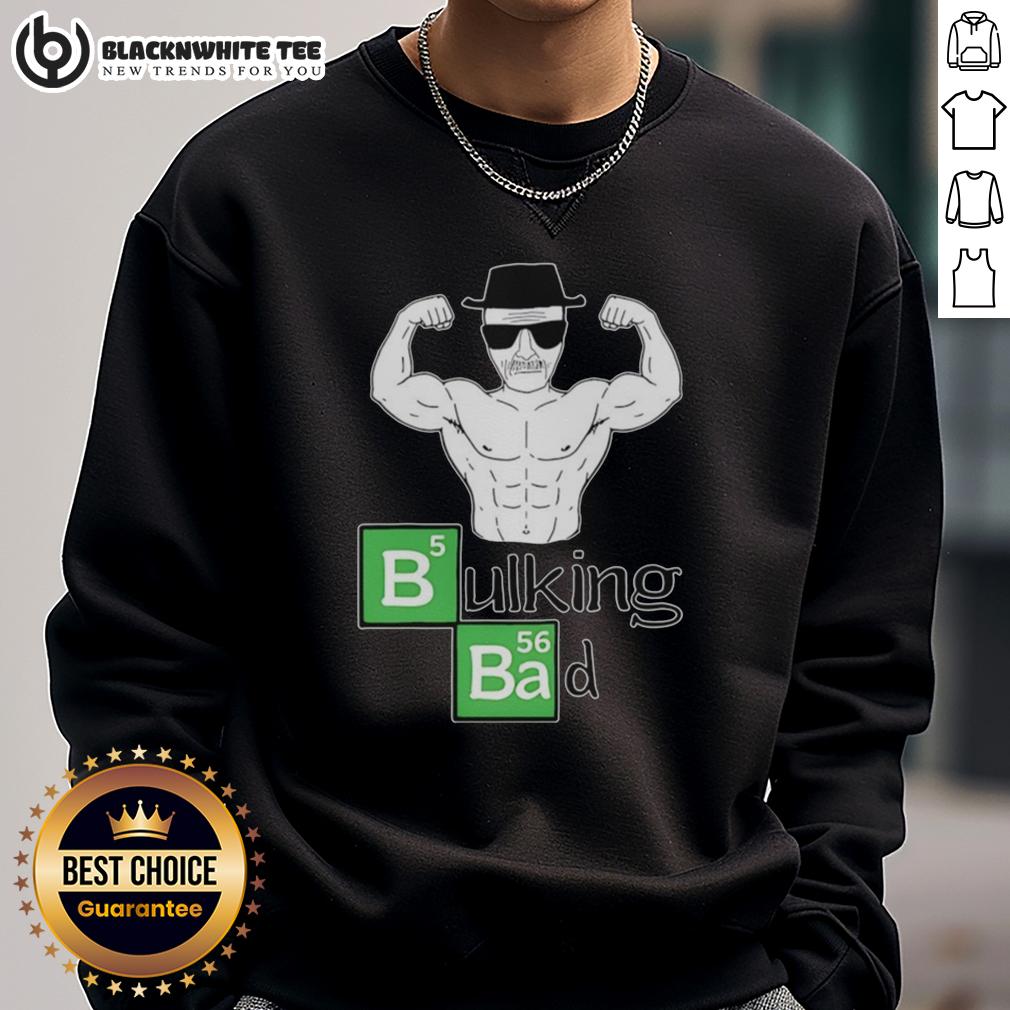 Awesome Old Man Muscular Posing Bicep Bulking Bad Sweatshirt Muscular old man posing in a bicep flex while wearing a 'Bulking Bad' sweatshirt, showcasing strength and fitness.