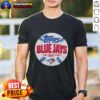 Alt Text: Awesome powder blue Toronto Blue Jays MLB x Topps Baseball T-shirt featuring a stylish design for fans.